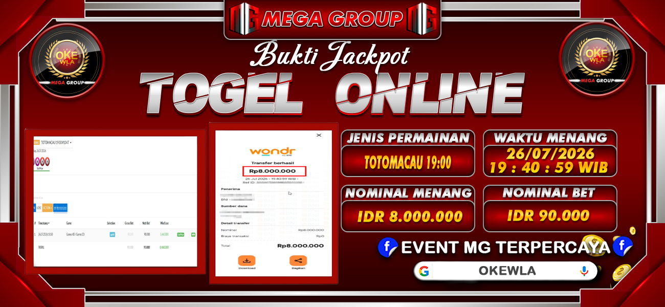 Bukti JP situs Okewla hari Minggu, 26 Juli 2026